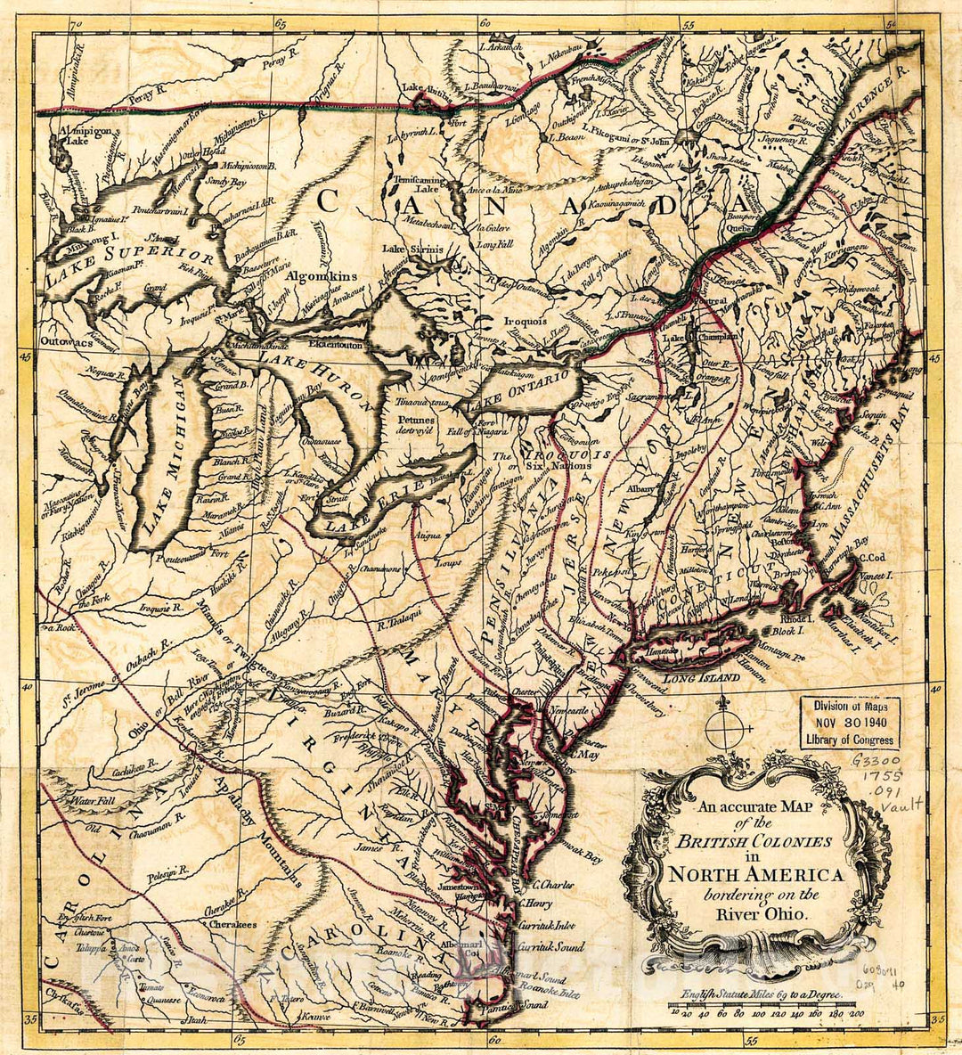 Historic 1755 Map - an Accurate map of The British Colonies in North America bordering on The River Ohio.