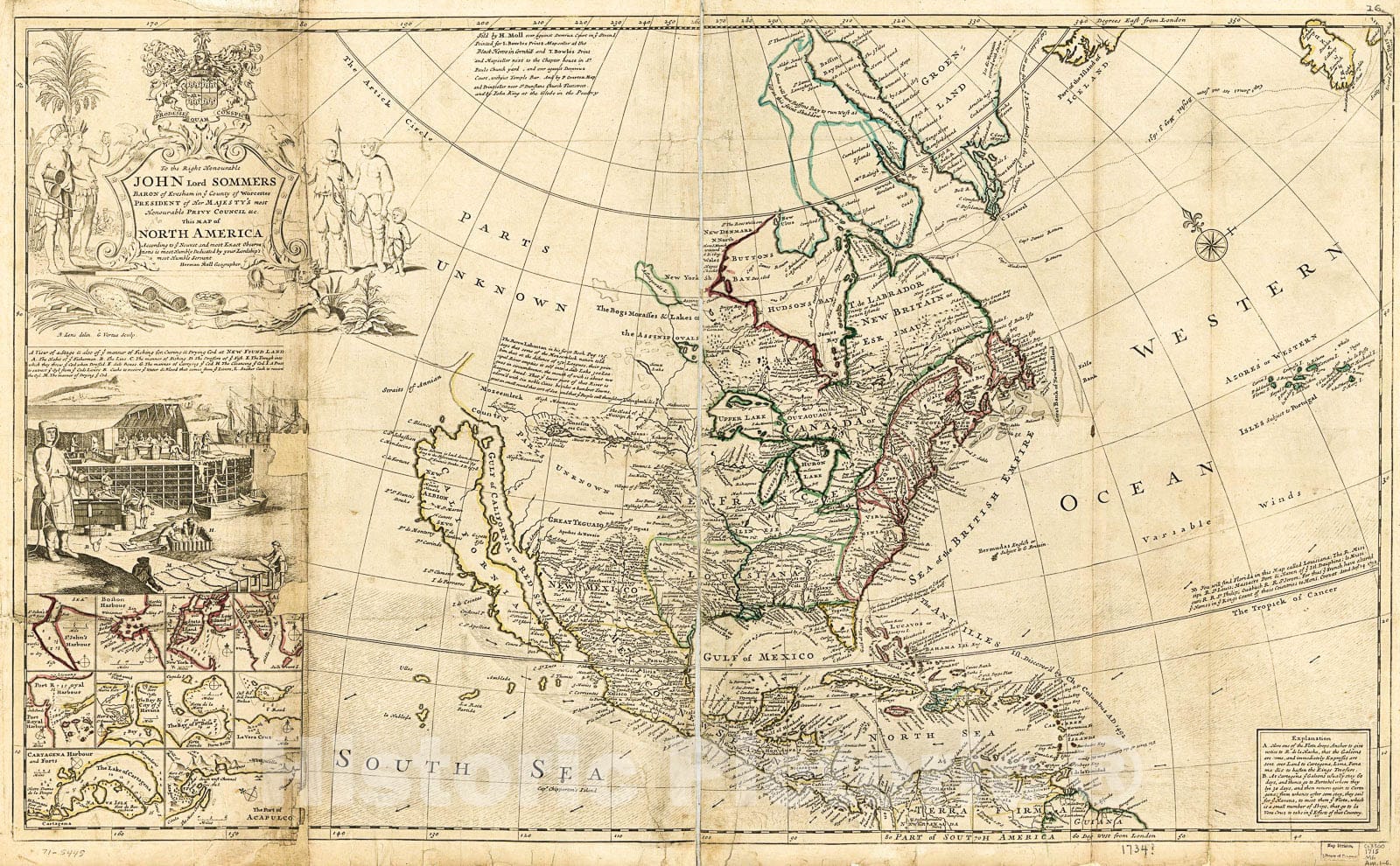 Historic 1715 Map - This map of North America, According to ye Newest and Most Exact observations is Most Humbly Dedicated by Your Lordship's Most Humble Servant Herman Moll, Geographer