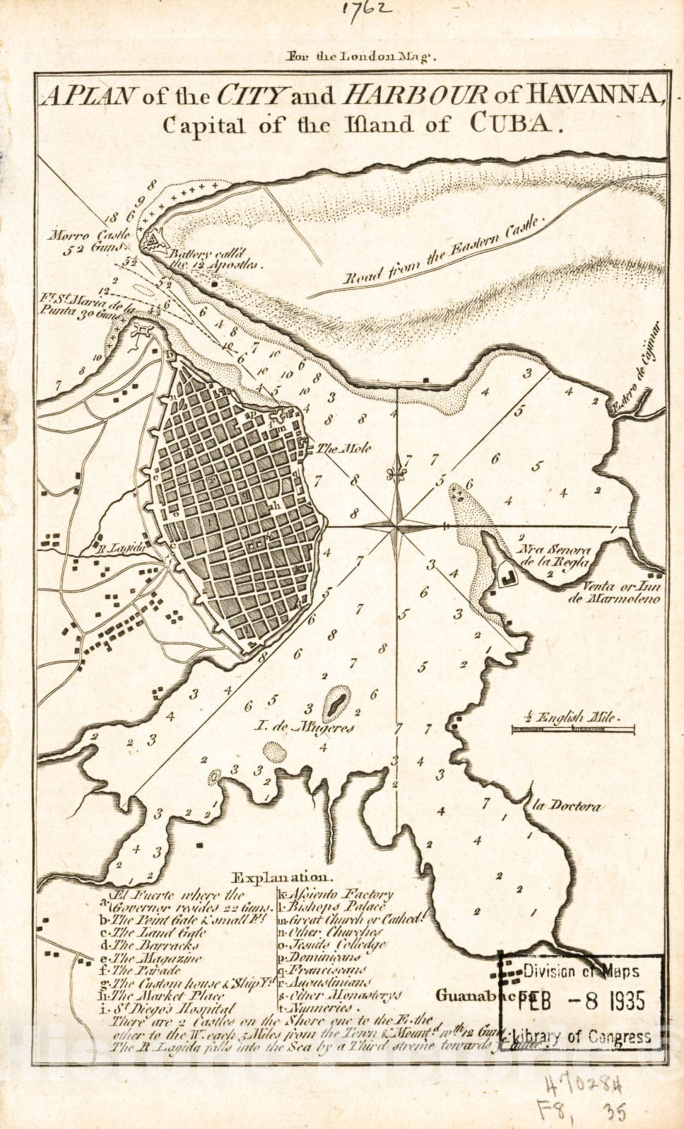 Historic 1762 Map - A Plan of The City and Harbour of Havanna, Capital of The Island of Cuba.