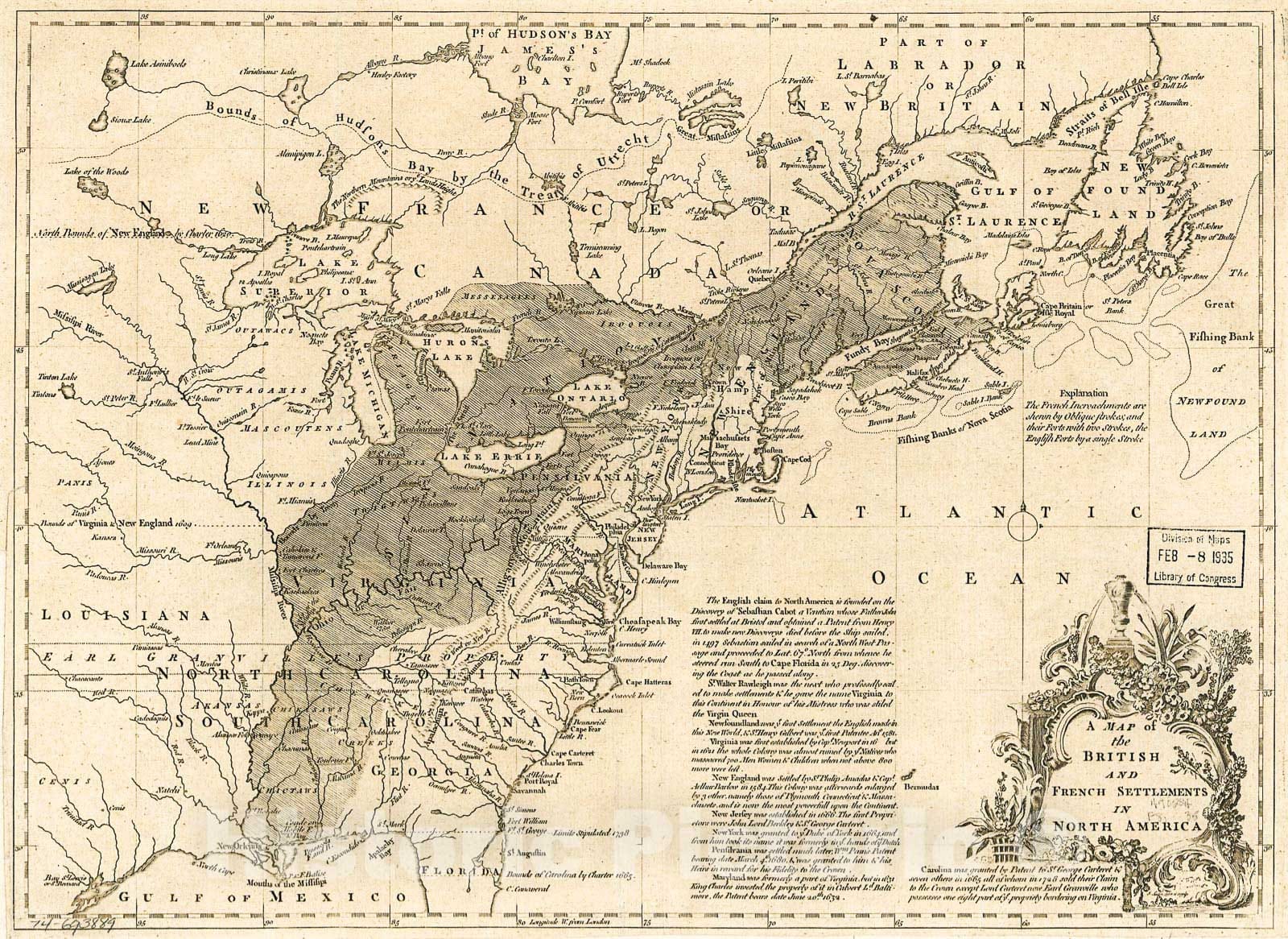 Historic 1750 Map - A map of The British and French settlements in North America.