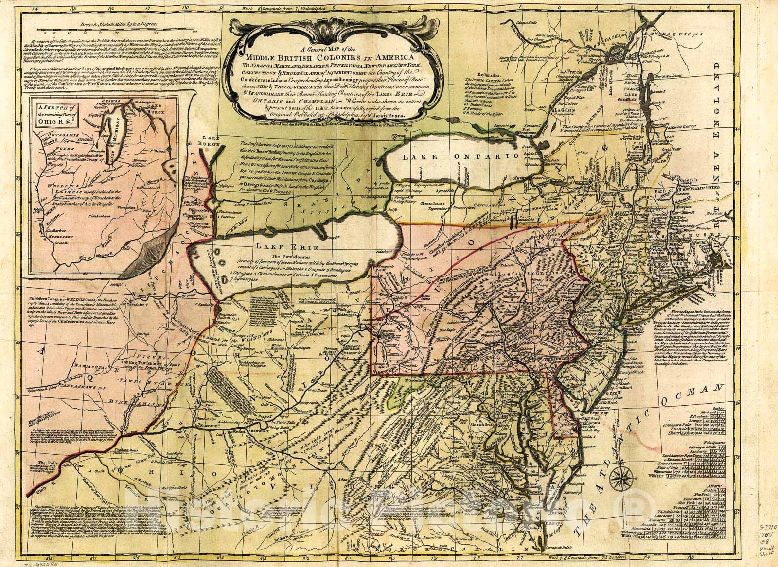 Historic 1765 Map - A General map of The Middle British Colonies in America viz. Virginia, Maryland, Delaware, Pensilvania, New-Jersey, New York, Connecticut & Rhode-Island