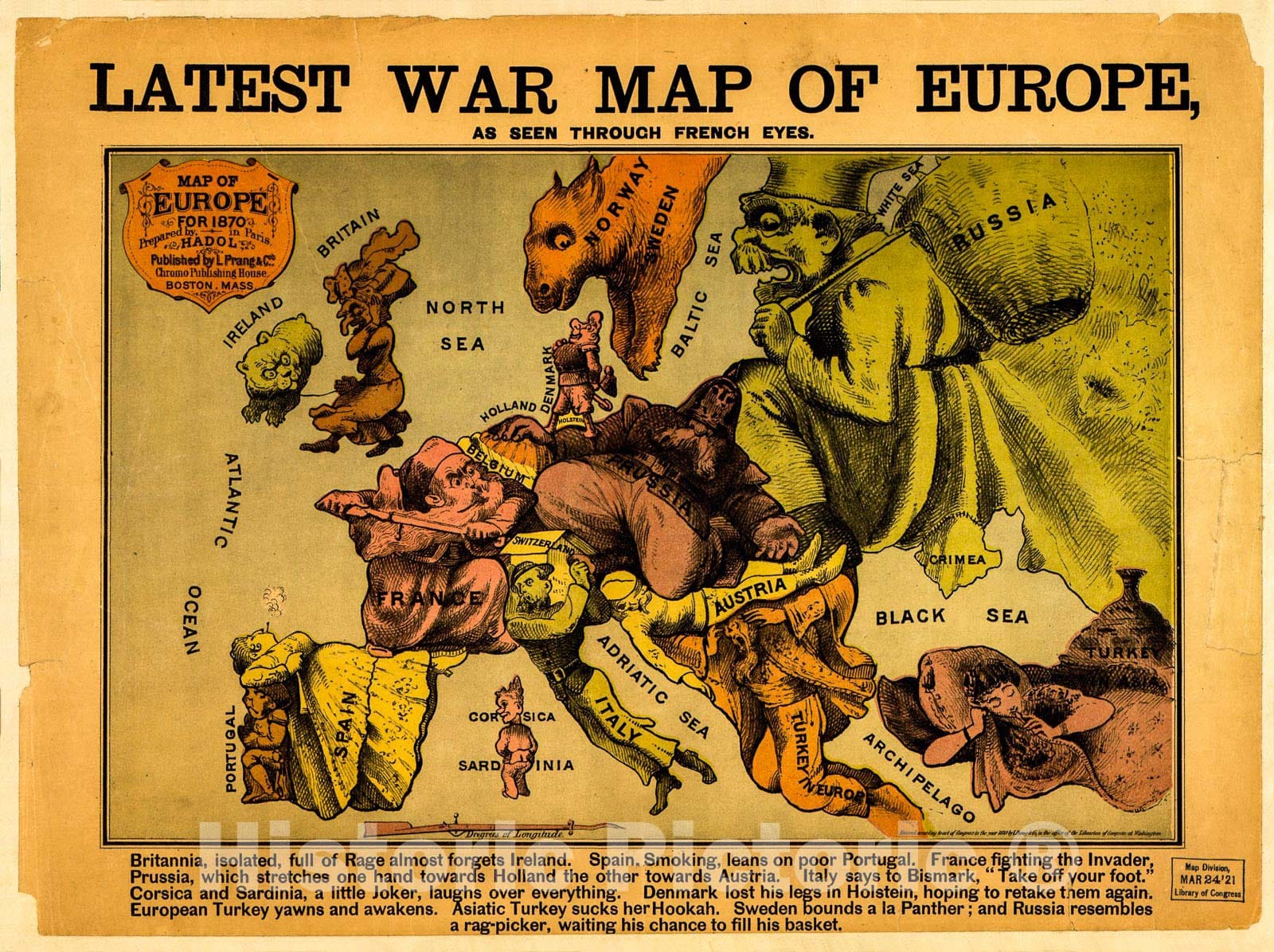 Historic 1870 Map - Latest war map of Europe : as seen Through French Eyes