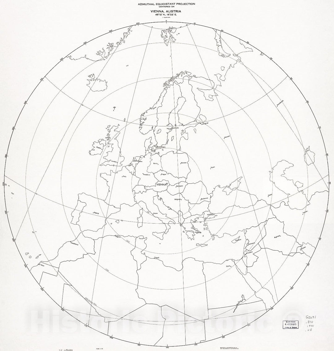 Historic 1970 Map - Azimuthal equidistant Projection Centered on Moscow, 5545N, 3735E. 1-70.