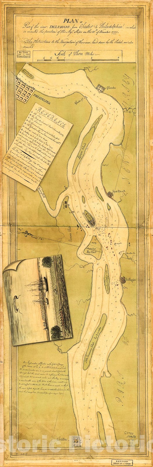 Historic 1778 Map - Plan of Part of The River Delaware from Chester to Philadelphia, in which is mark'd The Position of His Majs. Ships on The 15th. of November 1777