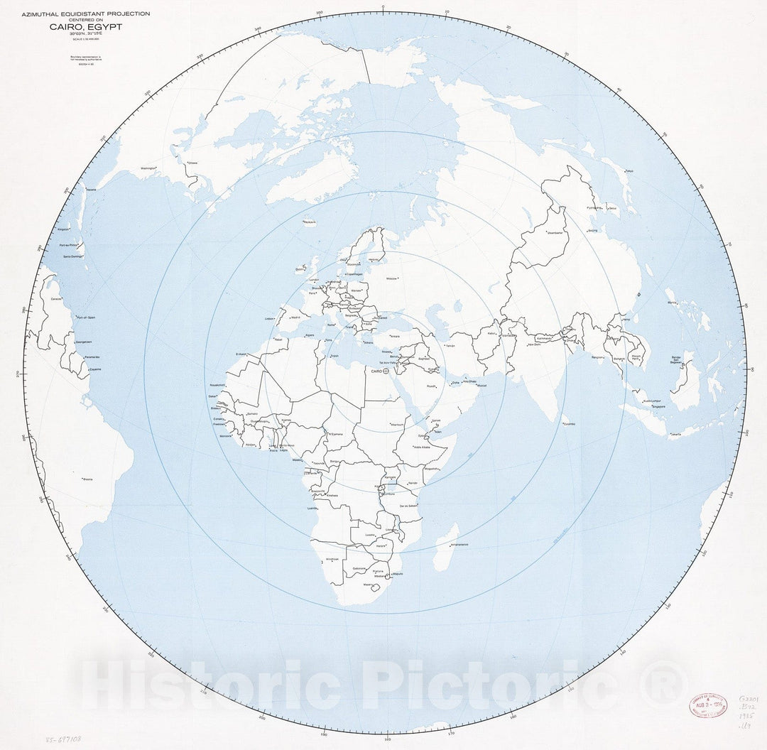 Historic 1985 Map - Azimuthal equidistant Projection Centered on Moscow, USSR, 5545N 3735E, Scale 1:32,000,000.