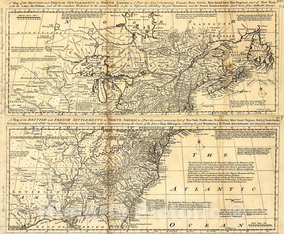 Historic 1755 Map - A map of The British and French settlements in North America 1