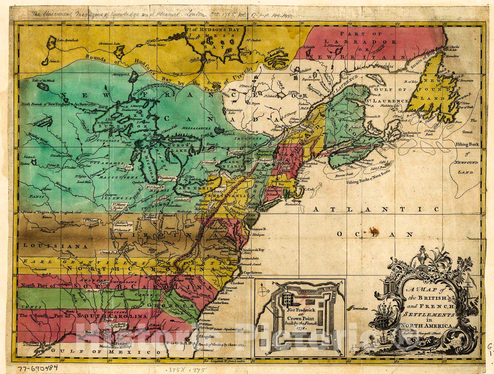 Historic 1755 Map - A Map Of The British And French Settlements In North America. - Vintage Wall Art