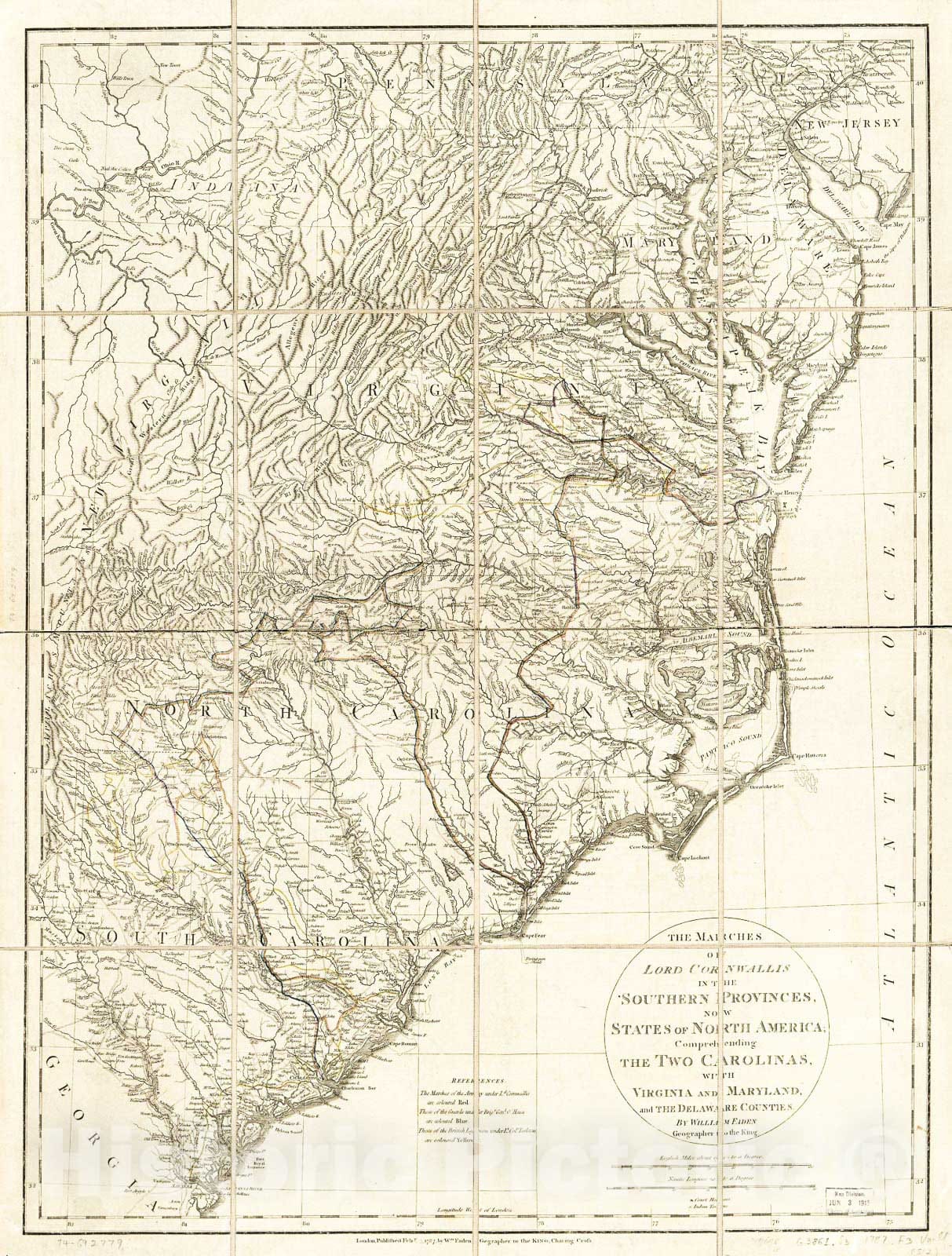 Historic 1787 Map - The marches of Lord Cornwallis in The Southern Provinces, Now States of North America; comprehending The Two Carolinas, with Virginia and Maryland, and The Delaware