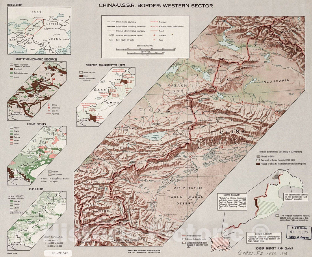 Historic 1964 Map - China-U.S.S.R. Border, Western Sector.