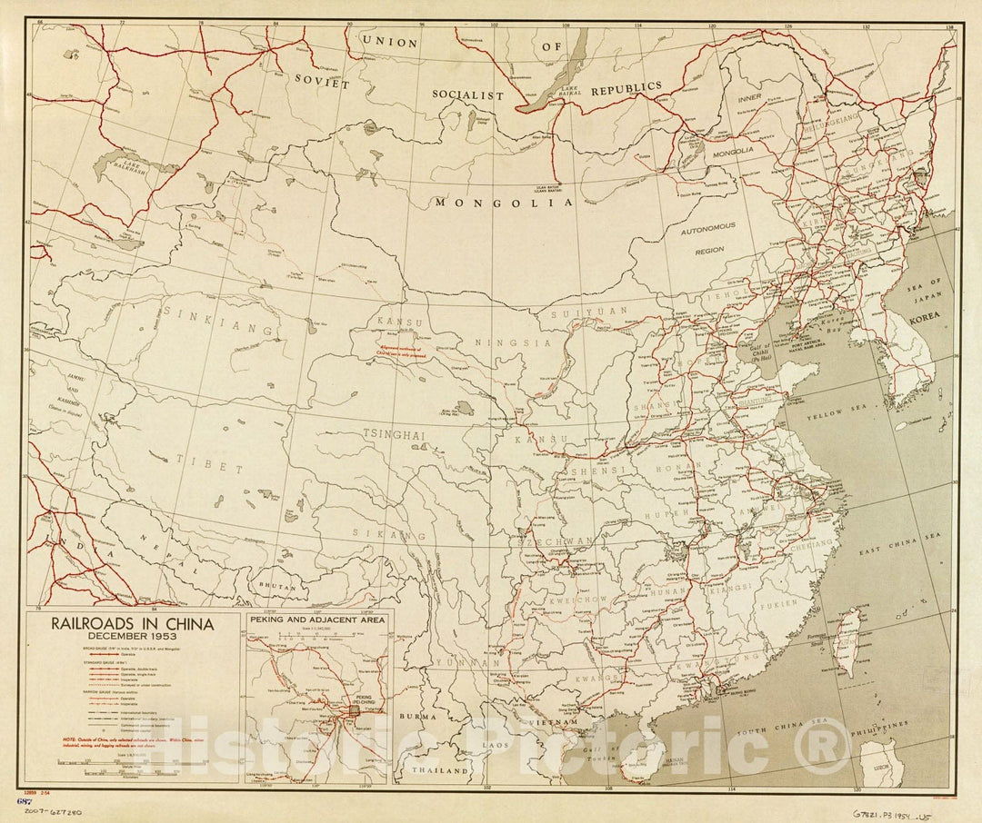 Historic 1954 Map - Railroads in China, December 1953.