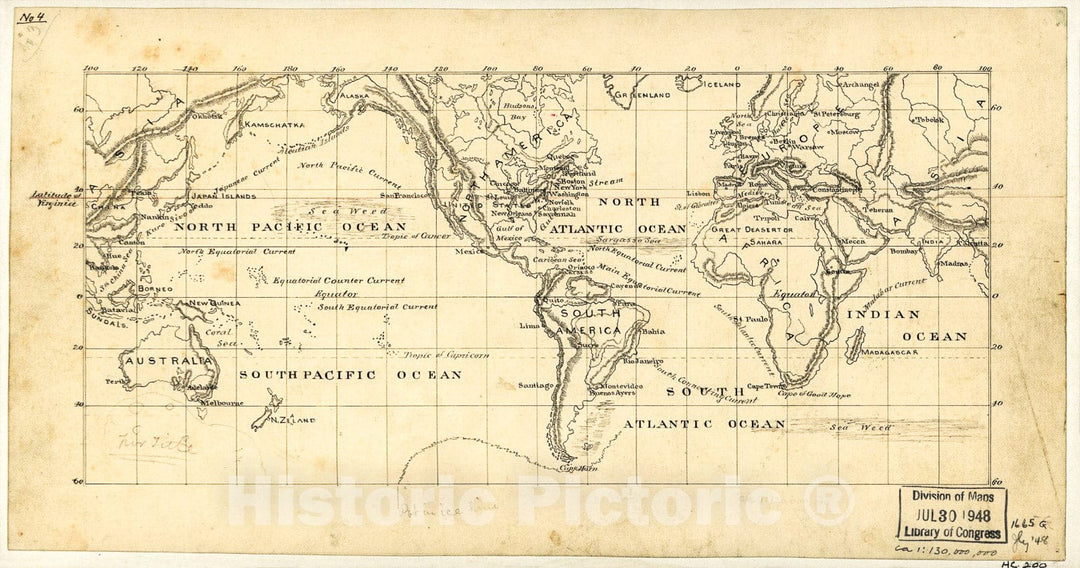 Historic 1875 Map - Map of The World on The Mercator Projection