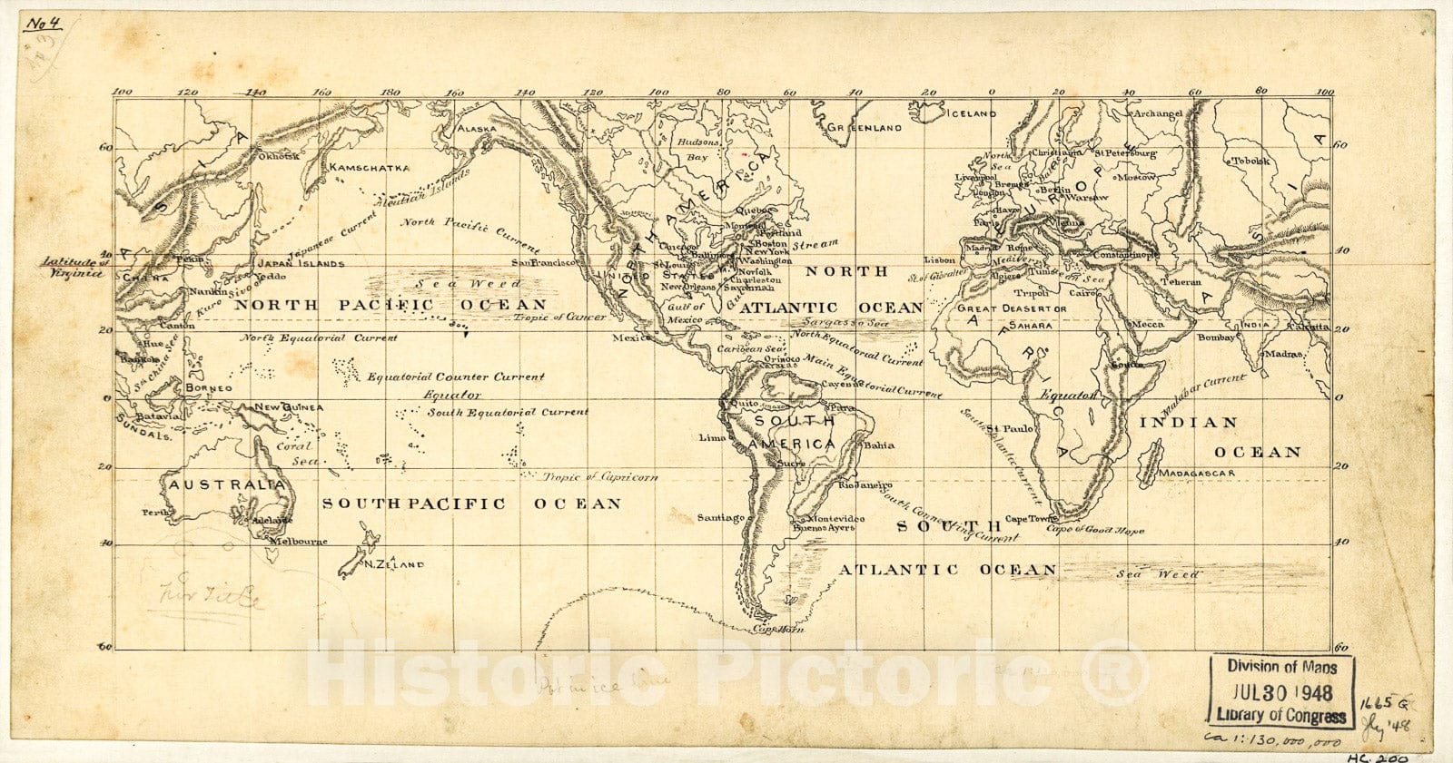 Historic 1875 Map - Map of The World on The Mercator Projection