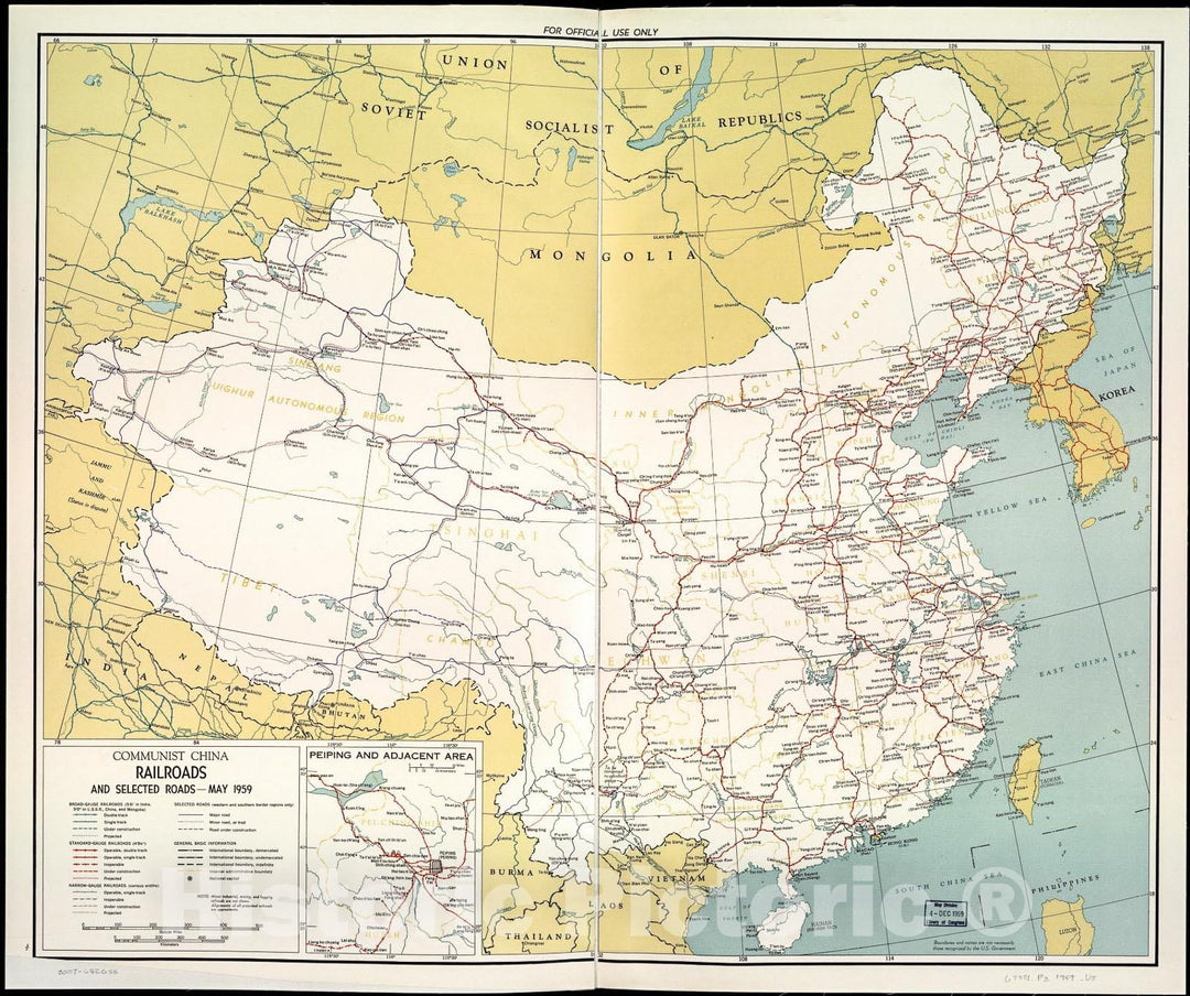 Historic 1959 Map - Communist China Railroads and Selected Roads, May 1959.