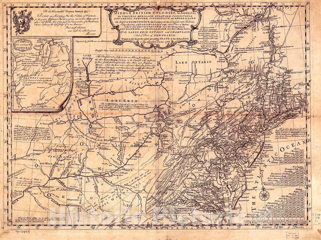 Historic 1755 Map - A General map of The Middle British Colonies, in America; viz Virginia, MÃ riland, DÃ¨laware, Pensilvania, New-Jersey, New-York, Connecticut, and Rhode Island