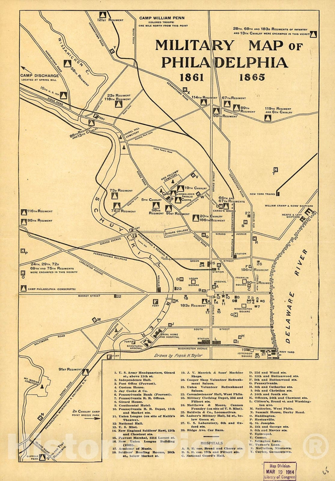 Historic 1914 Map - Military map of Philadelphia 1861-1865