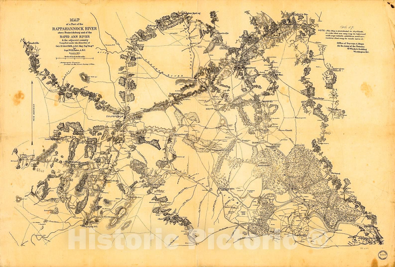 Historic 1862 Map - Map of a Part of The Rappanhannock River Above Fredericksburg and The Rapid Ann River & The Adjacent Country