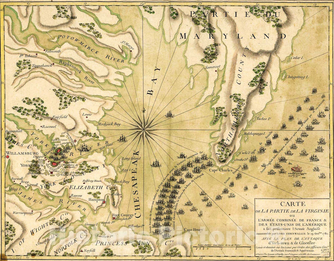 Historic 1781 Map - Carte de la Partie de la Virginie ou l'armÃ©e combinÃ©e de France & des Ã‰tats-UNIS de l'AmÃ©rique a fait prisonniÃ¨re