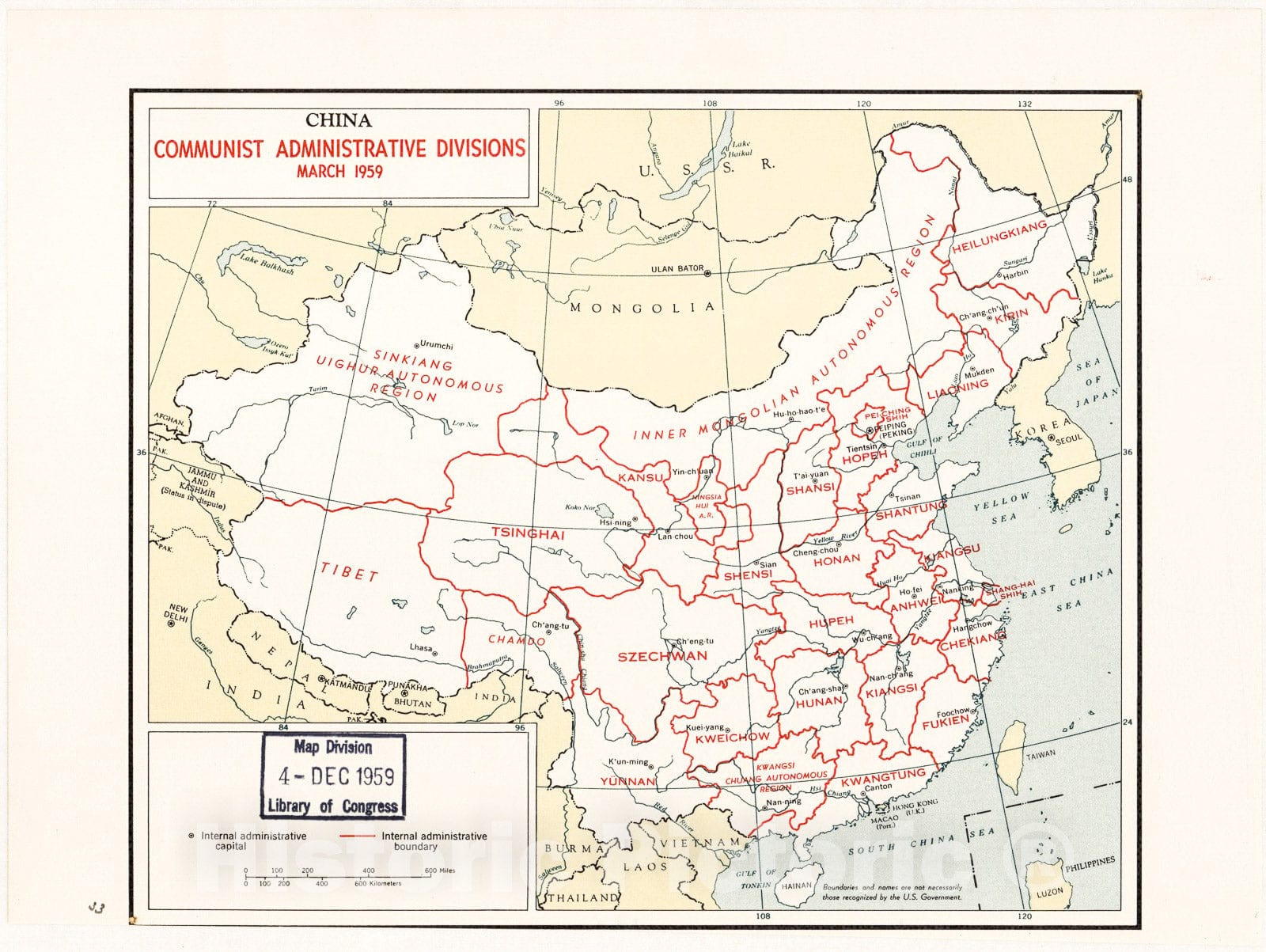 Historic 1959 Map - China, Communist Administrative divisions, March 1959.