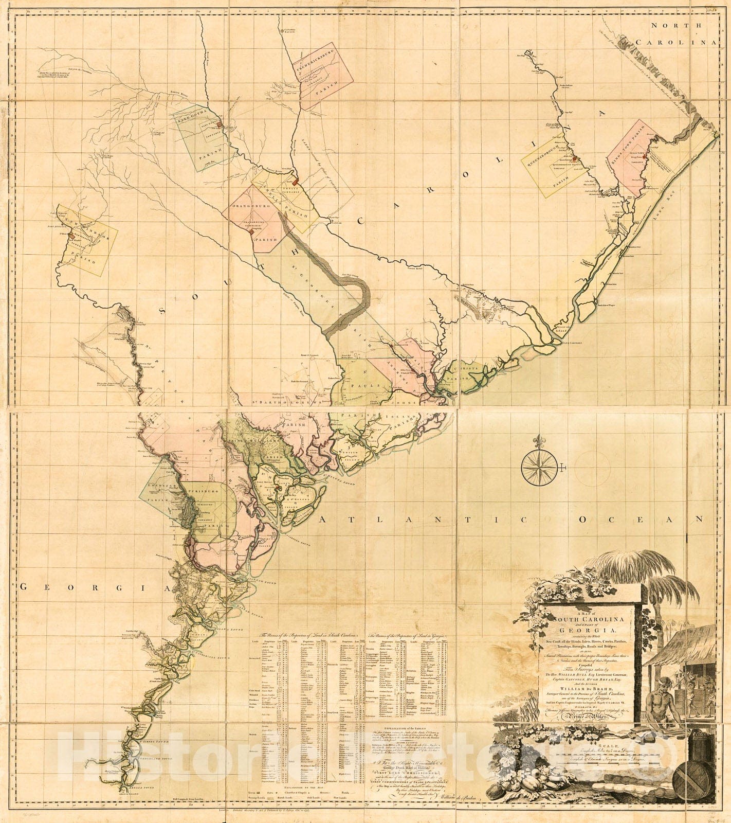 Historic 1757 Map - A map of South Carolina and a Part of Georgia. Containing The Whole sea-Coast; All The Islands, inlets, Rivers, Creeks and parishes