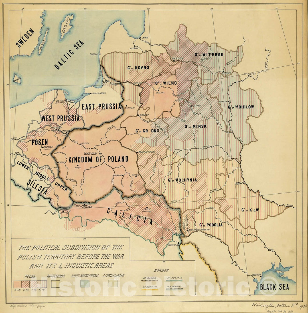 Historic 1918 Map - The Political Subdivision of The Polish Territory Before The war and its Linguistic Areas.