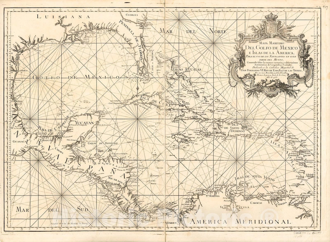 Historic 1755 Map - Mapa maritimo del Golfo de Mexico e Islas de la America, para el USO de Los navegantes en esta Parte del Mundo, construido sobre las mexores memorias