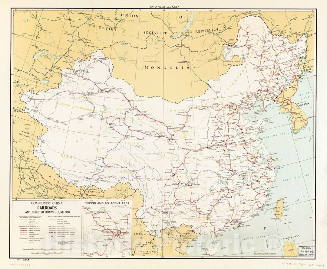 Historic 1960 Map - Communist China Railroads and Selected Roads, June 1960.