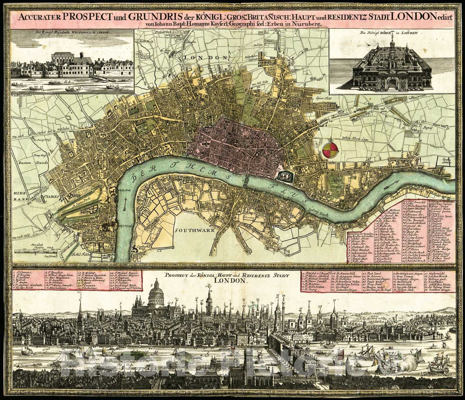 Historic 1740 Map - Accurater Prospect und Grundris der KÃ¶nigl. Gros-Britanisch. Haupt- und Residentz-Stadt London