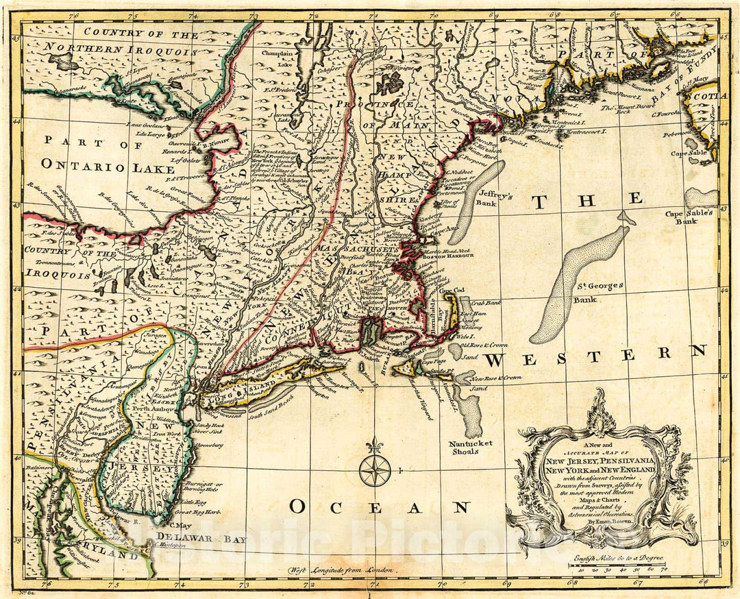 Historic 1752 Map - A New and Accurate map of New Jersey, Pensilvania, New York and New England with The Adjacent Countries.