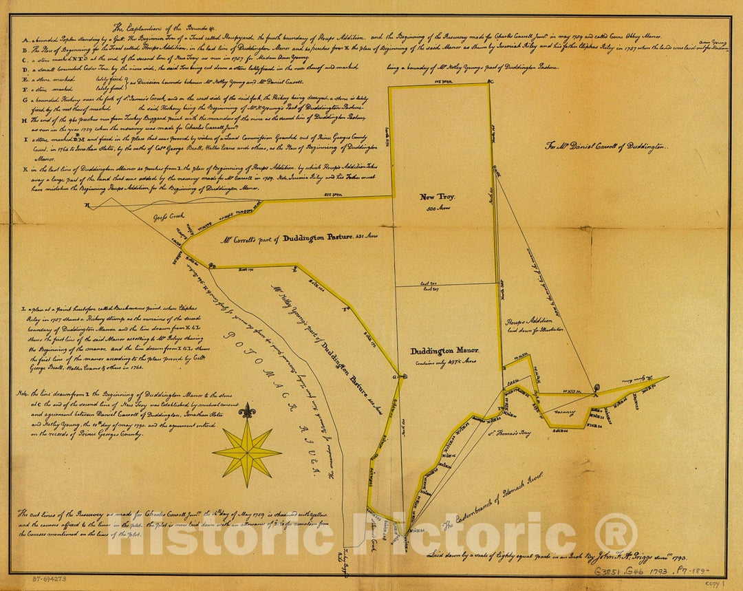 Historic 1793 Map - Cadastral Survey map of Charles Carroll Jr.'s Land in Central Washington D.C. in 1793