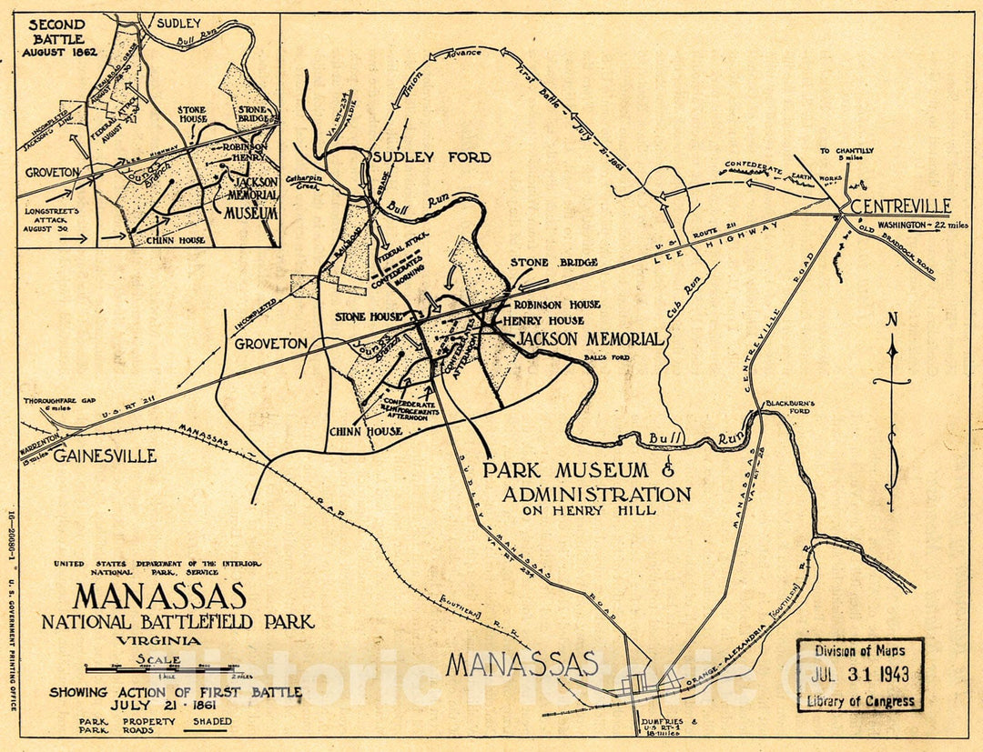 Historic 1943 Map - Manassas National Battlefield Park, Virginia. Showing Action of First Battle, July 21, 1861.