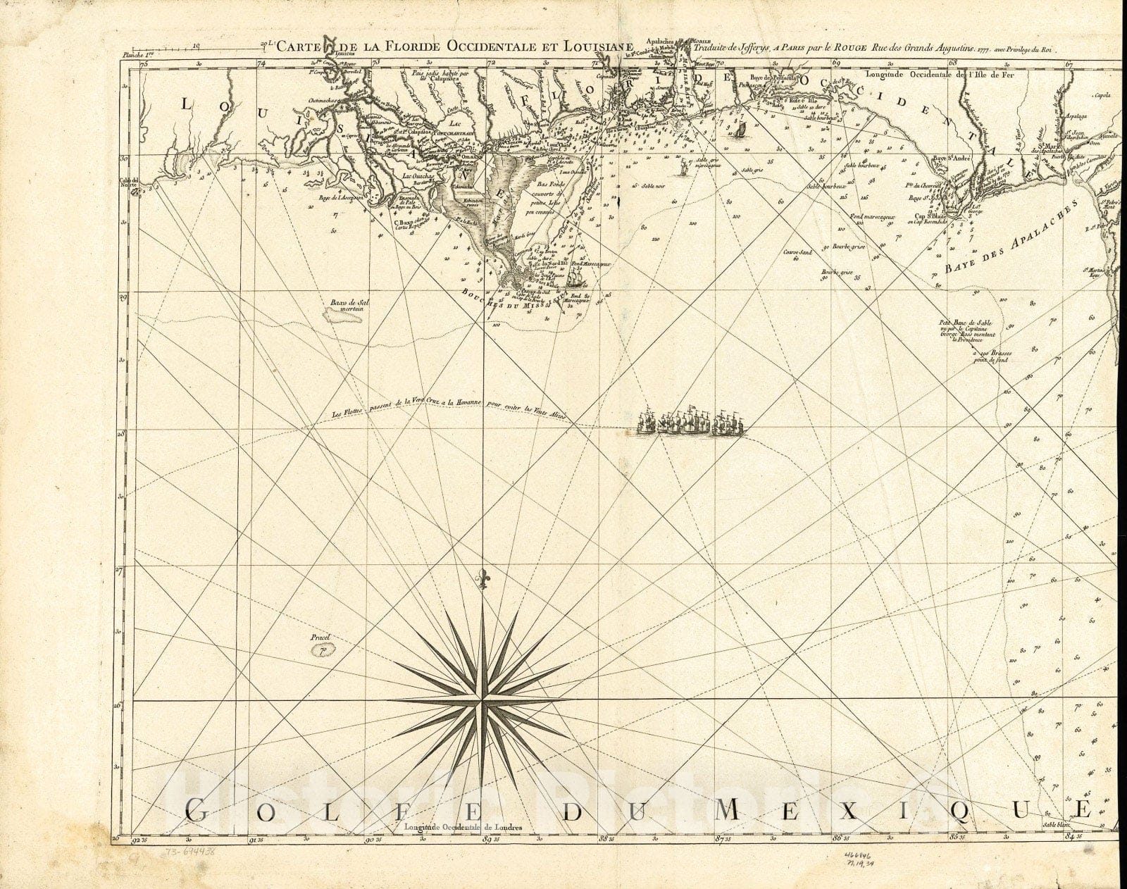 Historic 1777 Map - Carte de la Floride occidentale et Louisiane. La peninsule et golfe de la Floride ou Canal de Bahama avec les Isles de Bahama.