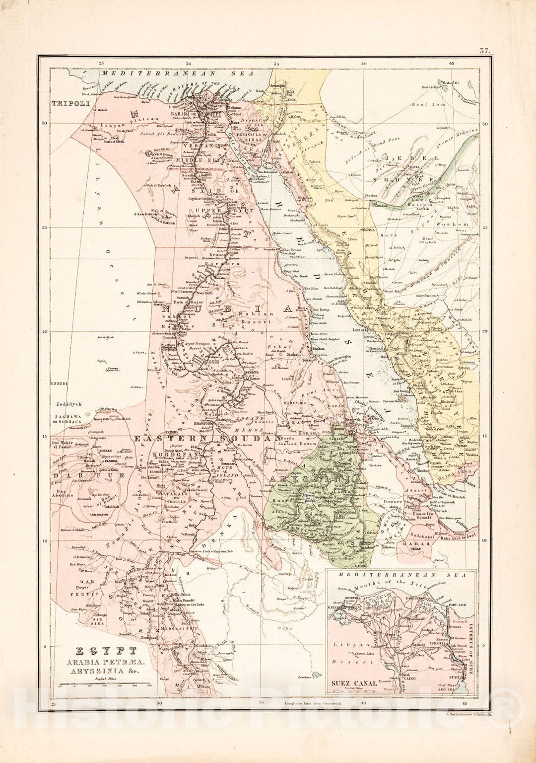 Historic 1885 Map - Egypt, Arabia PetrÃ¦a, Abyssinia, c.