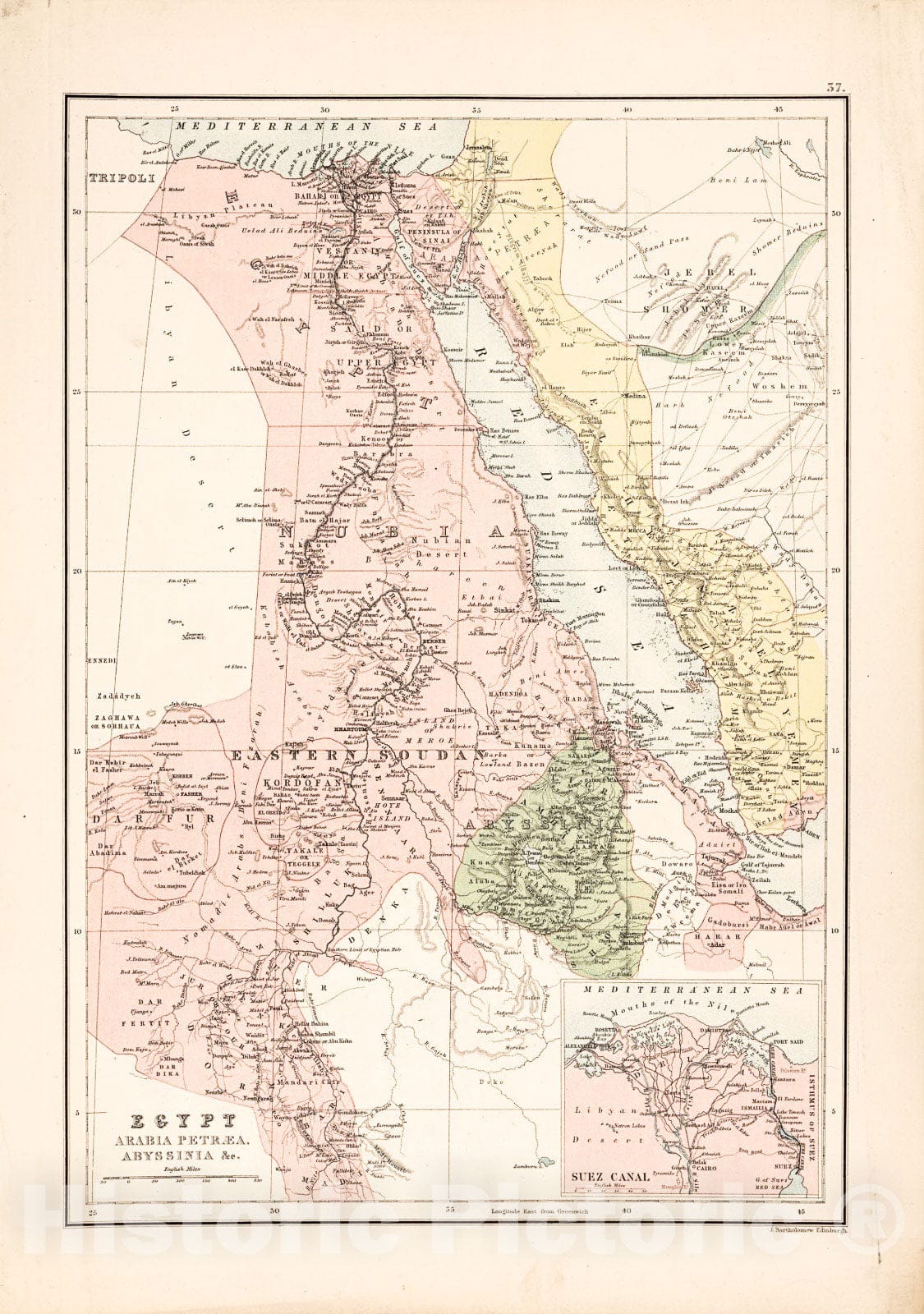 Historic 1885 Map - Egypt, Arabia PetrÃ¦a, Abyssinia, c.