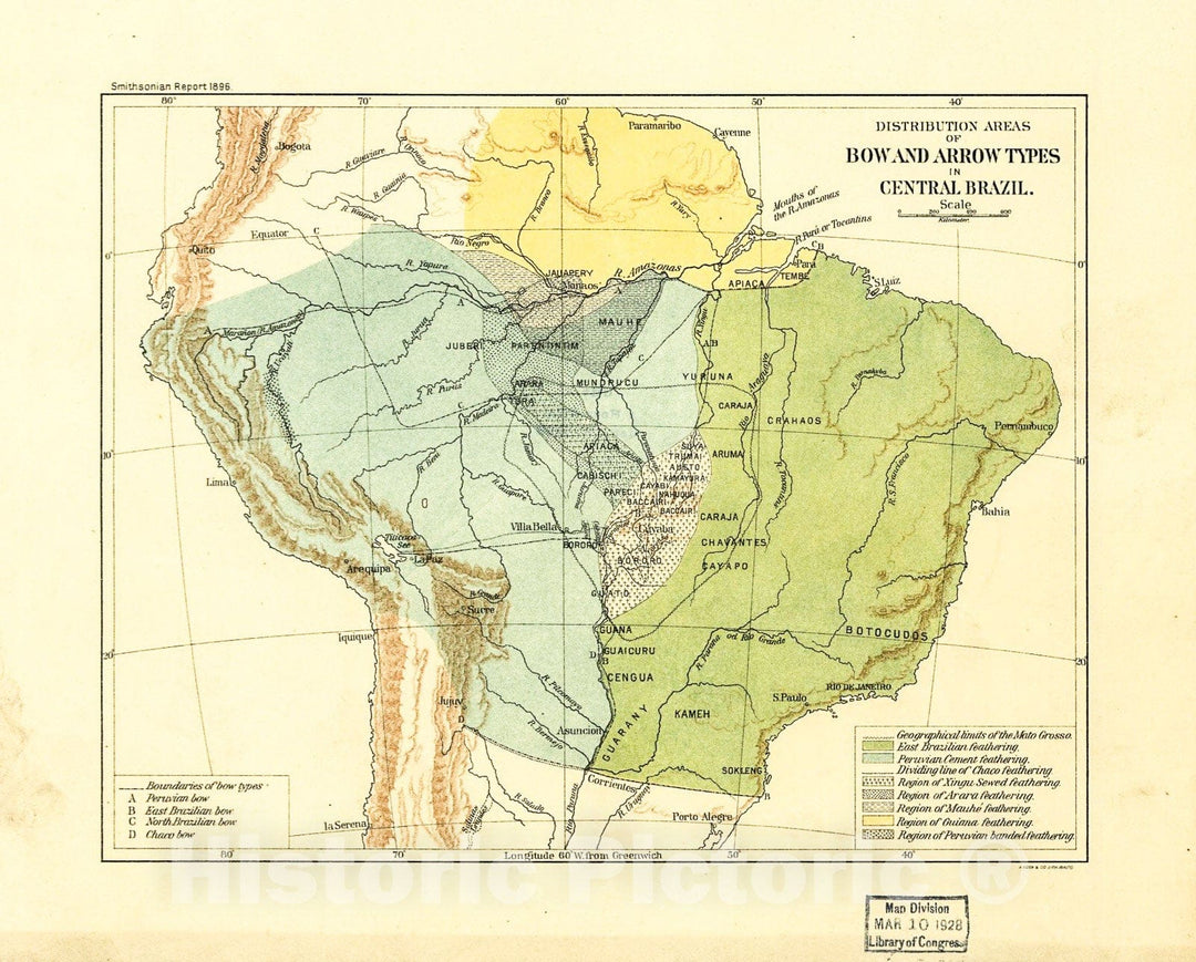 Historic 1896 Map - Distribution Areas for Bow and Arrow Types in Central Brazil.