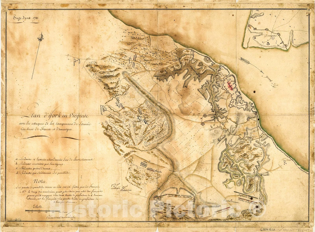 Historic 1781 Map - Siege d'York, 1781. Plan d'York en Virginie avec les attaques et les campemens de l'ArmÃ©e combinÃ©e de France et d'AmÃ©rique.