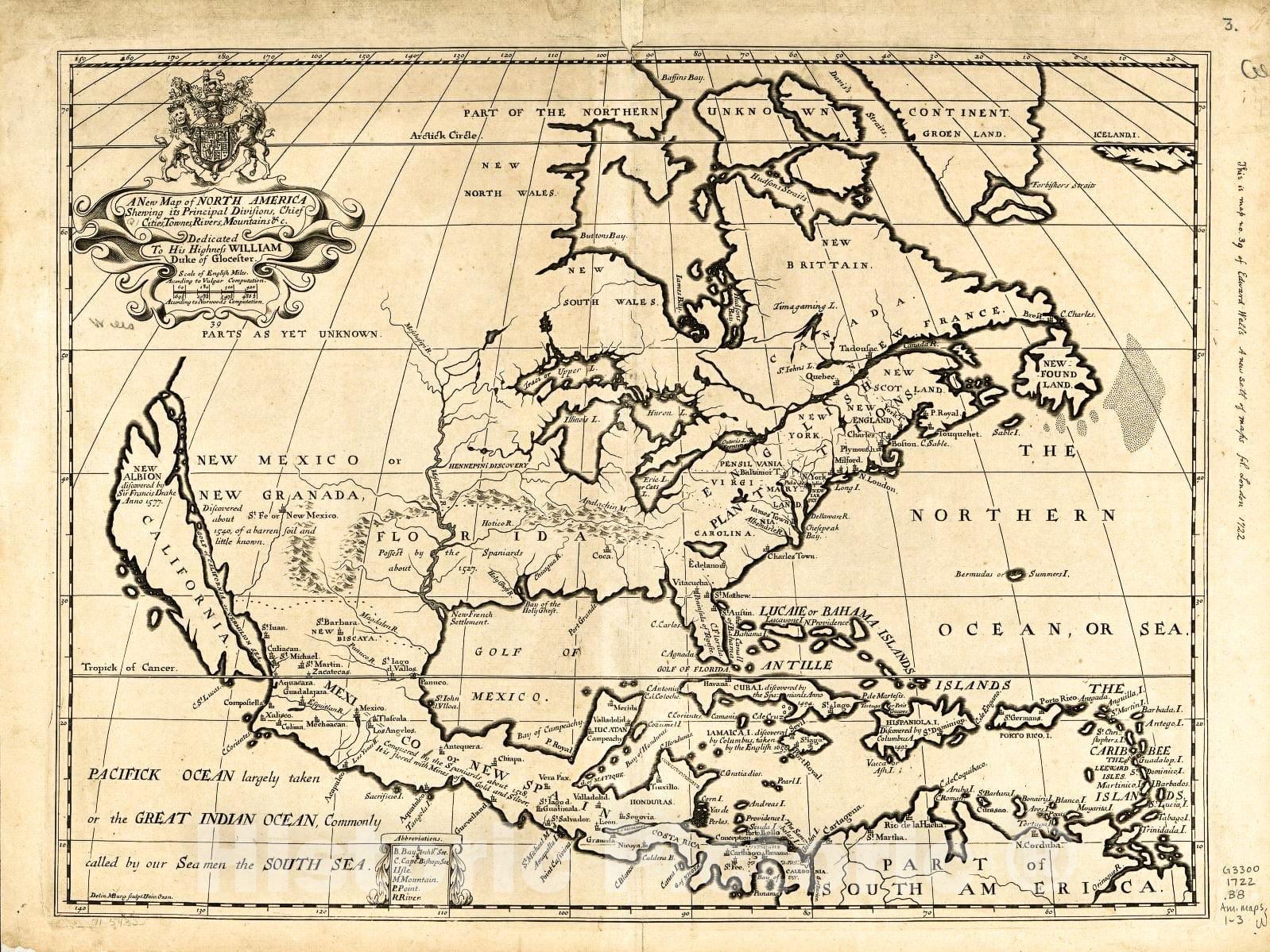 Historic 1722 Map - A New map of North America shewing its Principal divisions, Chief Cities, Townes, Rivers, Mountains