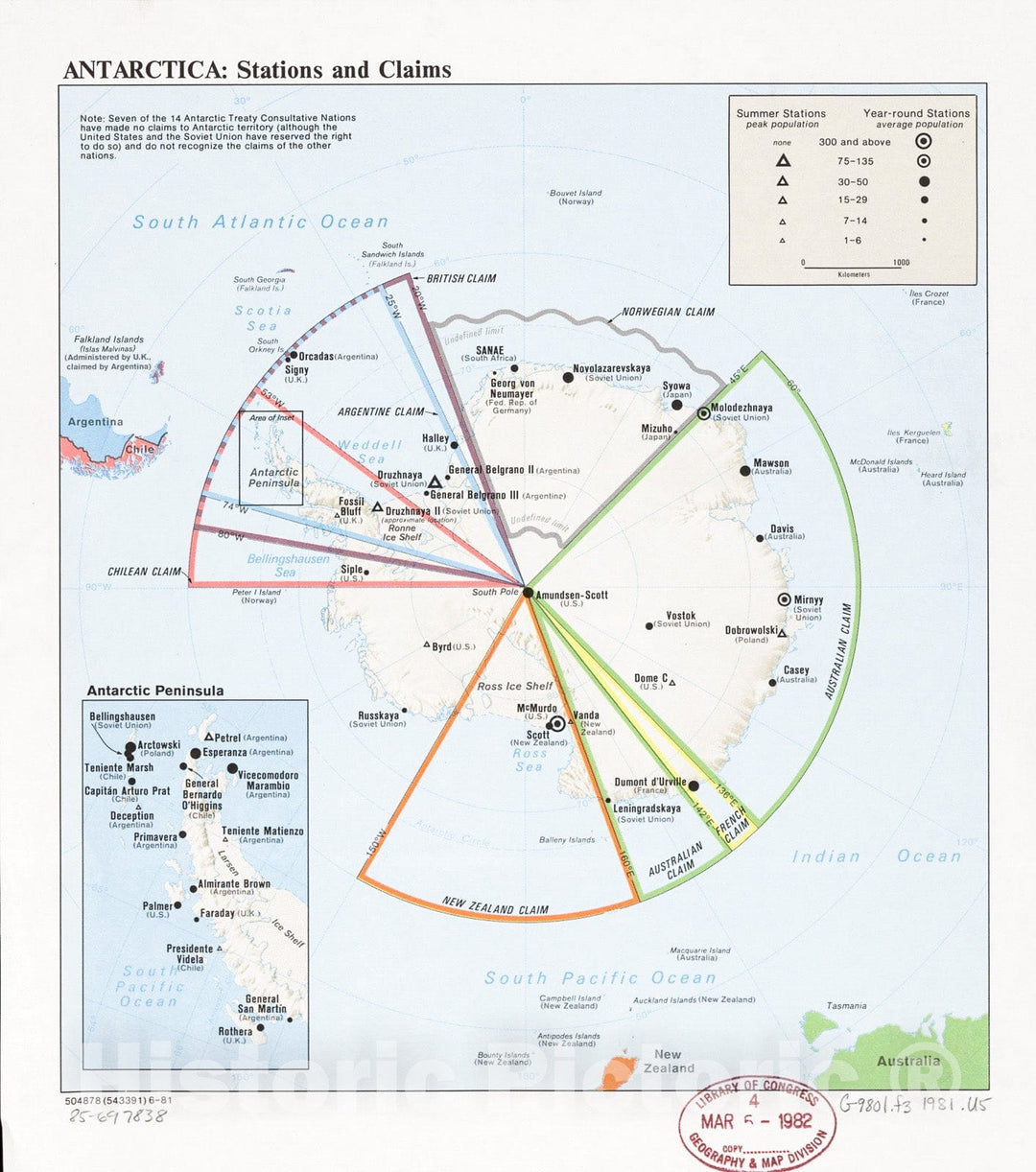 Historic 1981 Map - Antarctica, Stations and Claims.