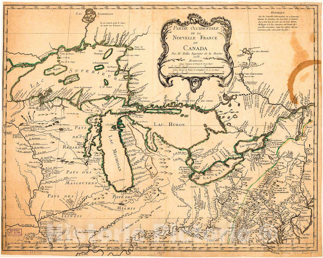 Historic 1755 Map - Partie occidentale de la Nouvelle France ou du Canada