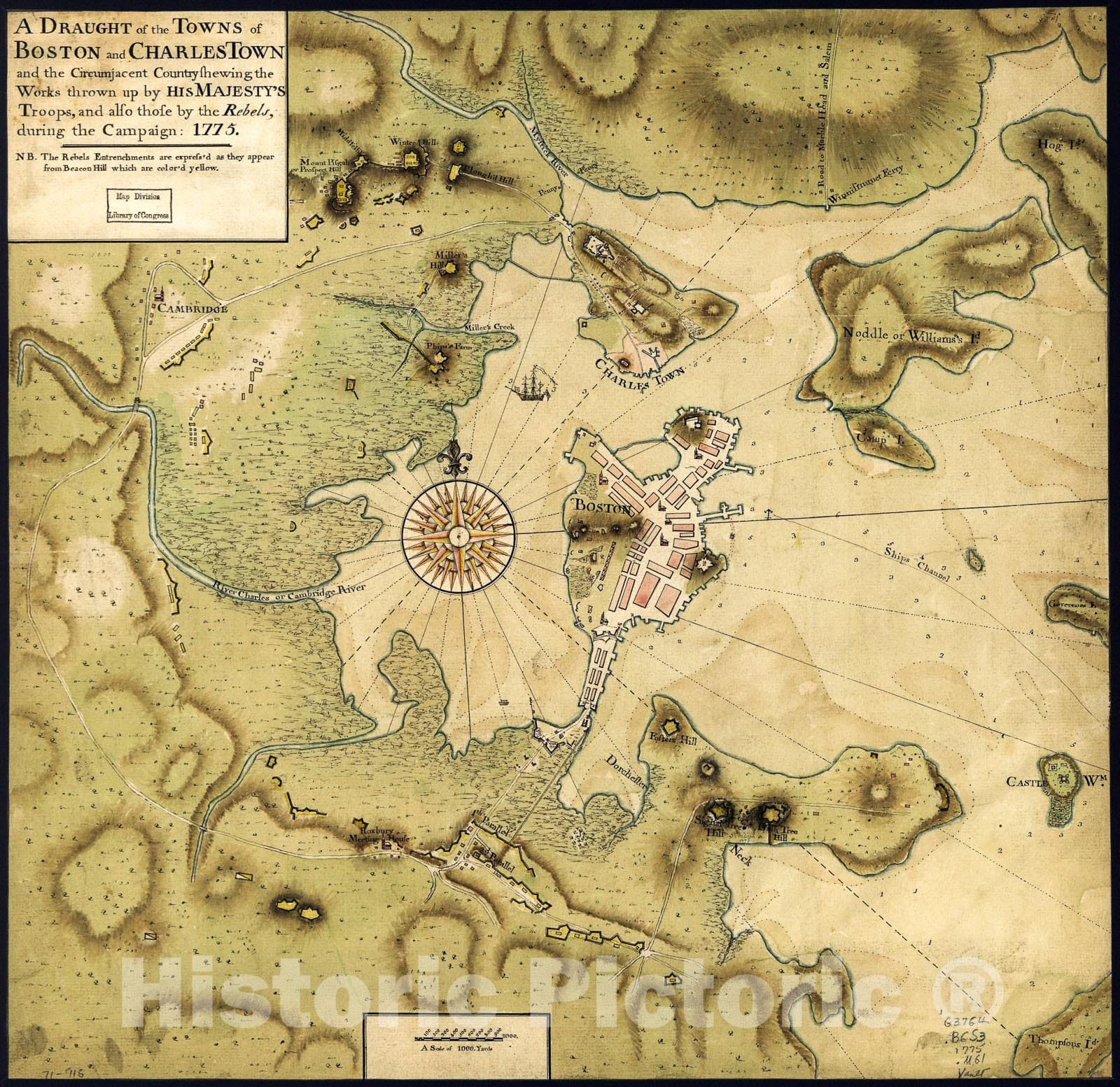 Historic 1775 Map - A Draught of The Towns of Boston and Charles Town and The circumjacent Country shewing The Works Thrown up by His Majesty's Troops, and Also Those by The Rebels