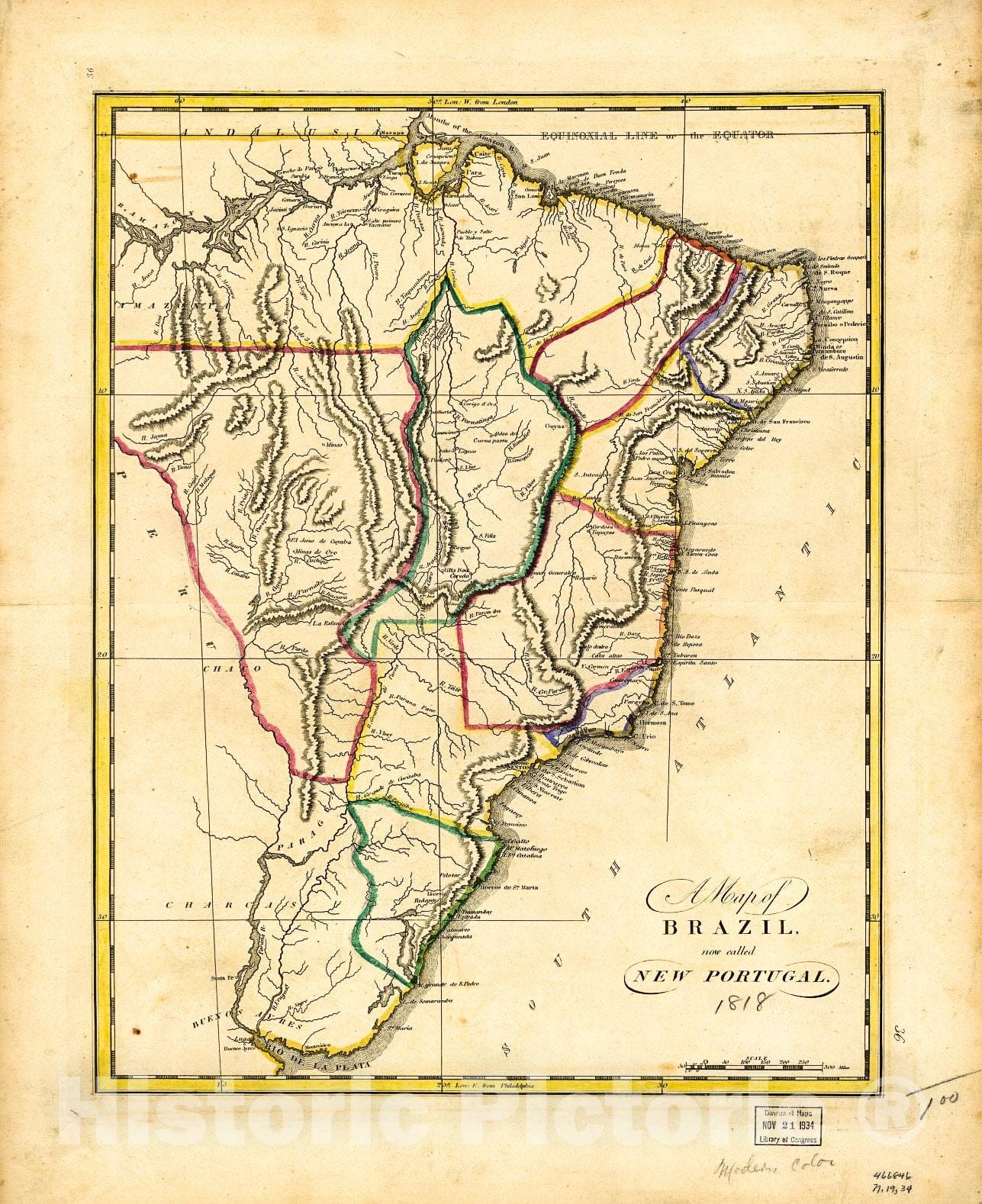 Historic 1818 Map - A map of Brazil, Now Called New Portugal.