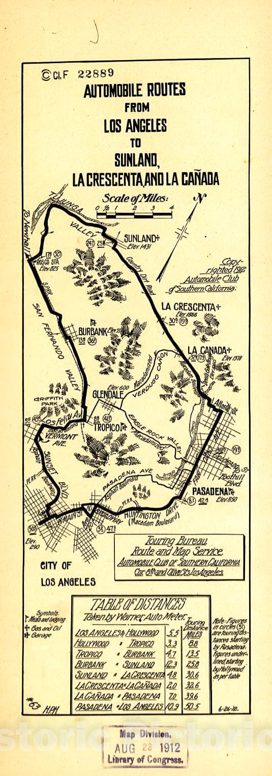 Historic 1912 Map - Automobile Routes from Los Angeles to Sunland, La Crescenta, and La CaÃ±ada