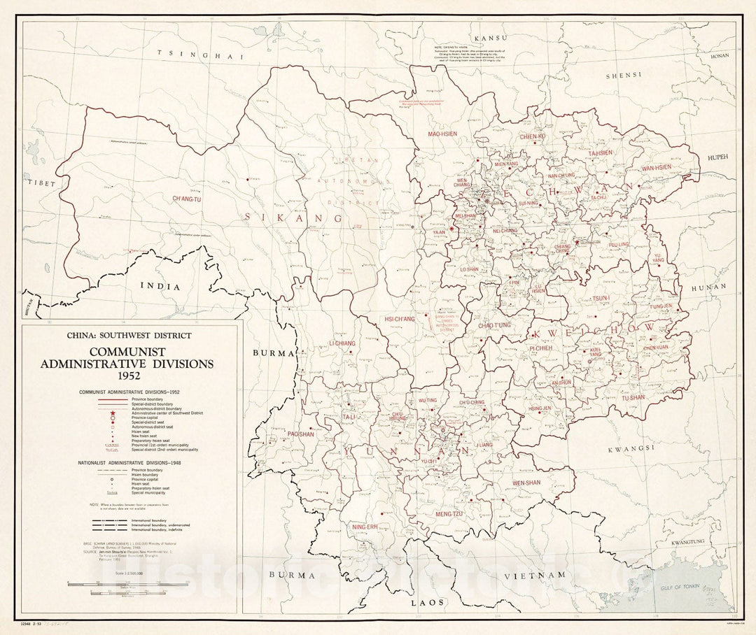 Historic 1952 Map - China: Southwest District Communist Administrative divisions, 1952. 2-53.