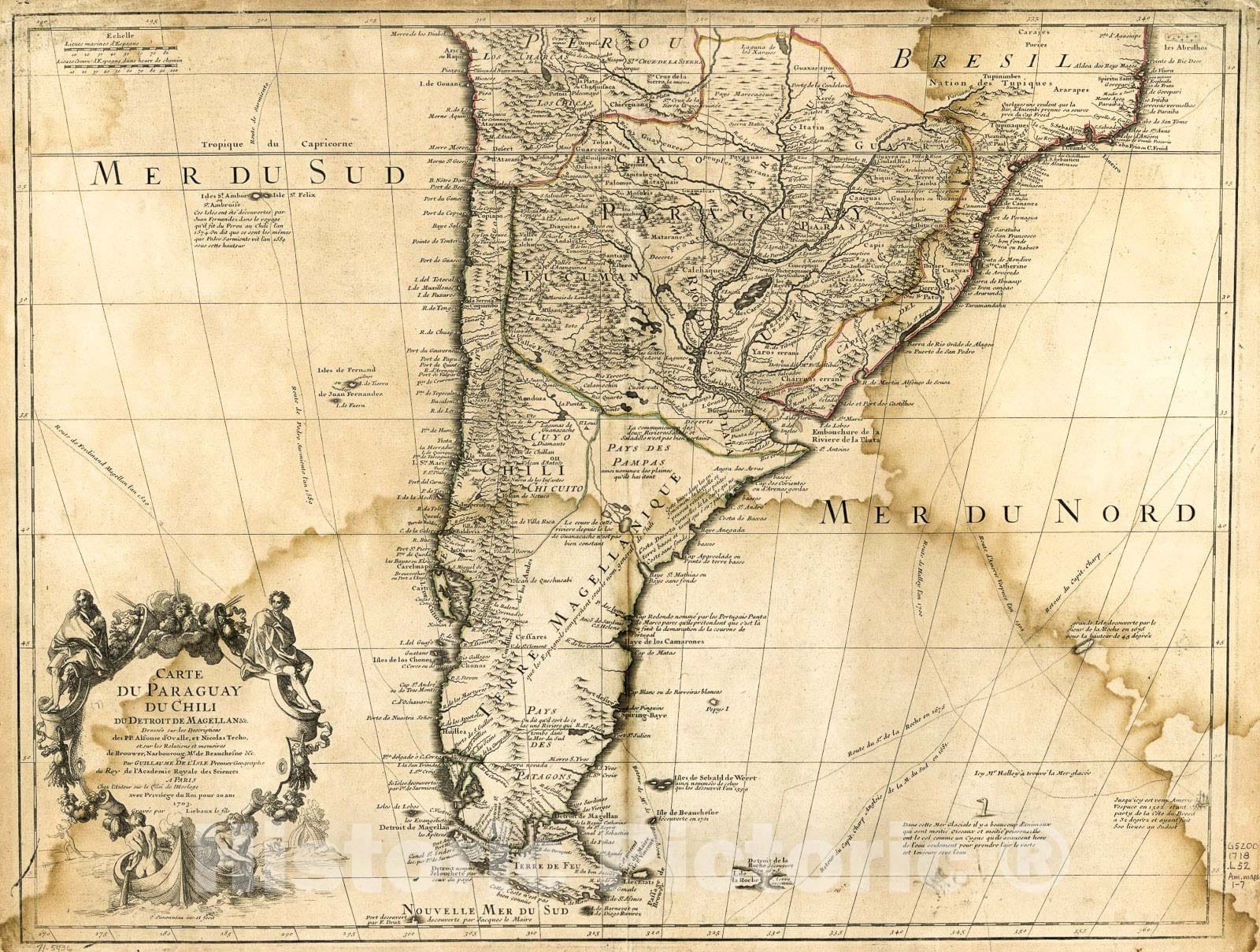 Historic 1718 Map - Carte du Paraguay, du Chili, du Detroit de Magellan DressÃ©e sur les descriptions des PP. Alfonse d'Ovalle