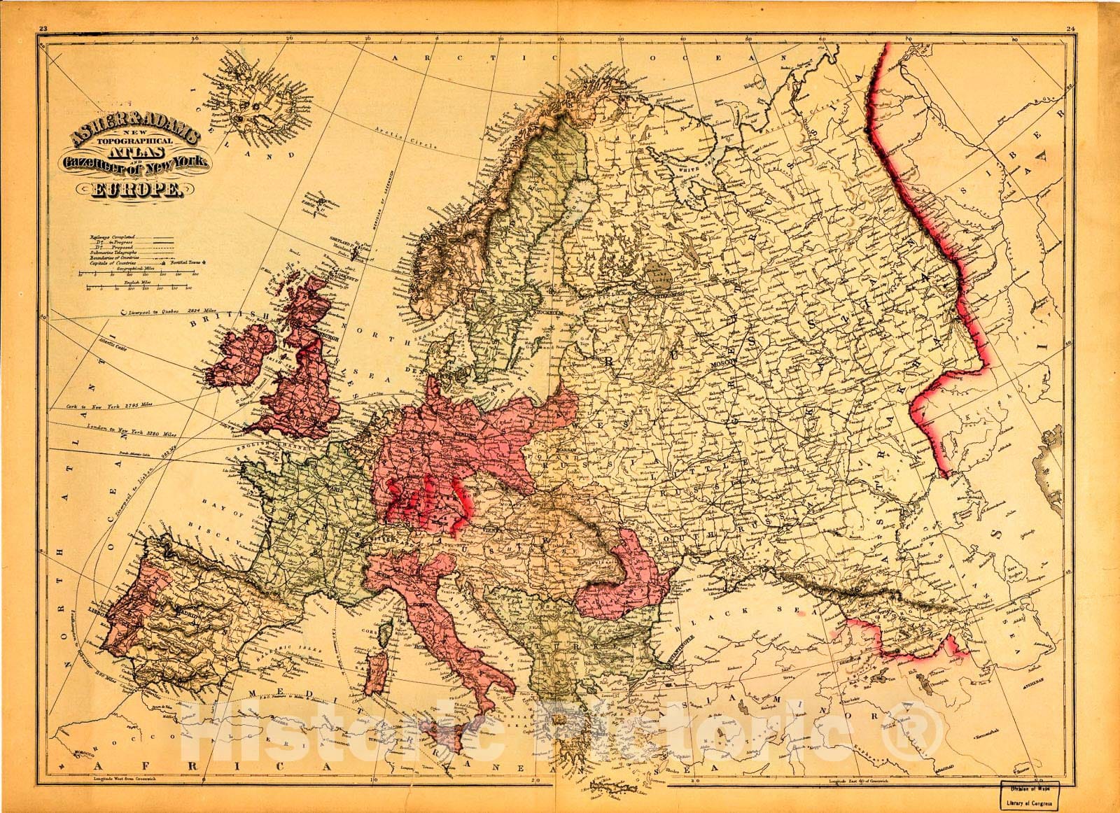 Historic 1871 Map - Asher & Adams New Topographical Atlas and Gazetteer of New York-Europe.