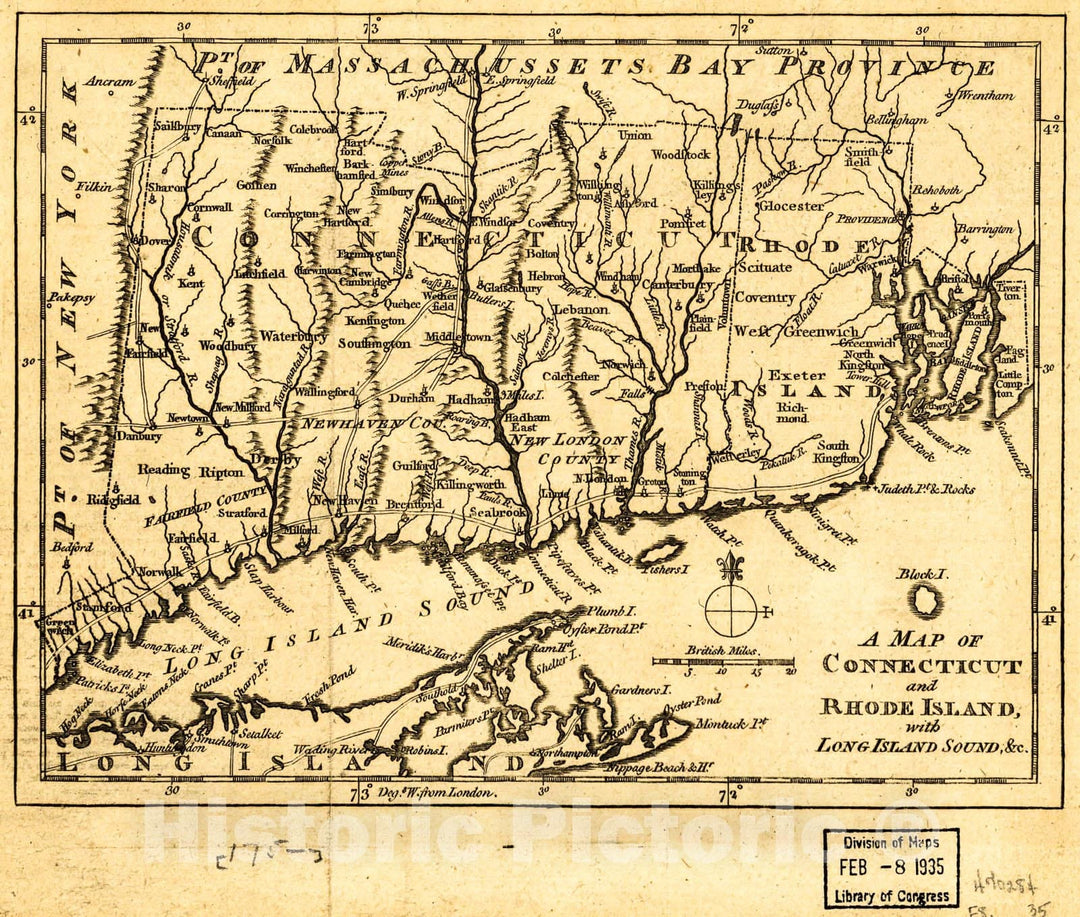 Historic 1776 Map - A map of Connecticut and Rhode Island with Long Island Sound, c.