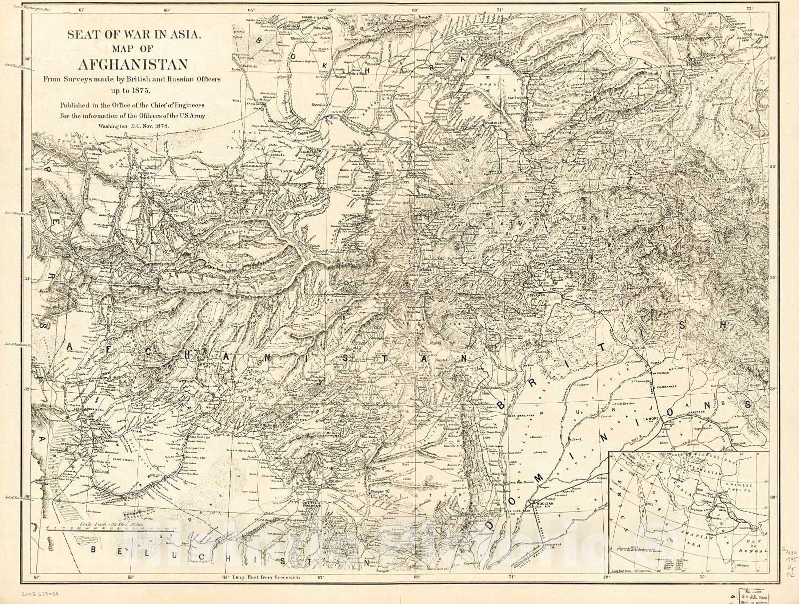 Historic 1878 Map - Seat of The war in Asia, map of Afghanistan.