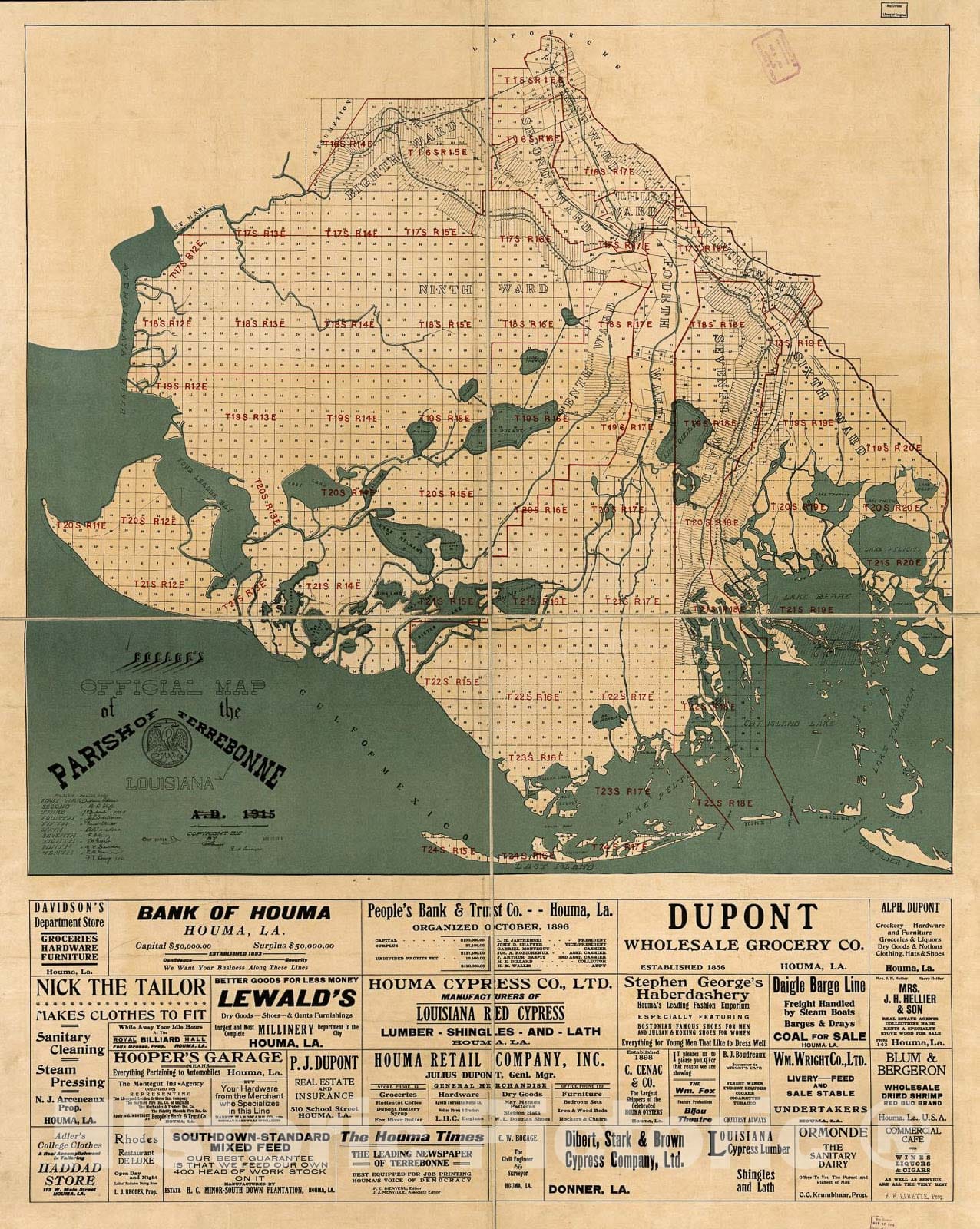 Historic 1916 Map - Bocage's Official map of The Parish of Terrebonne, Louisiana