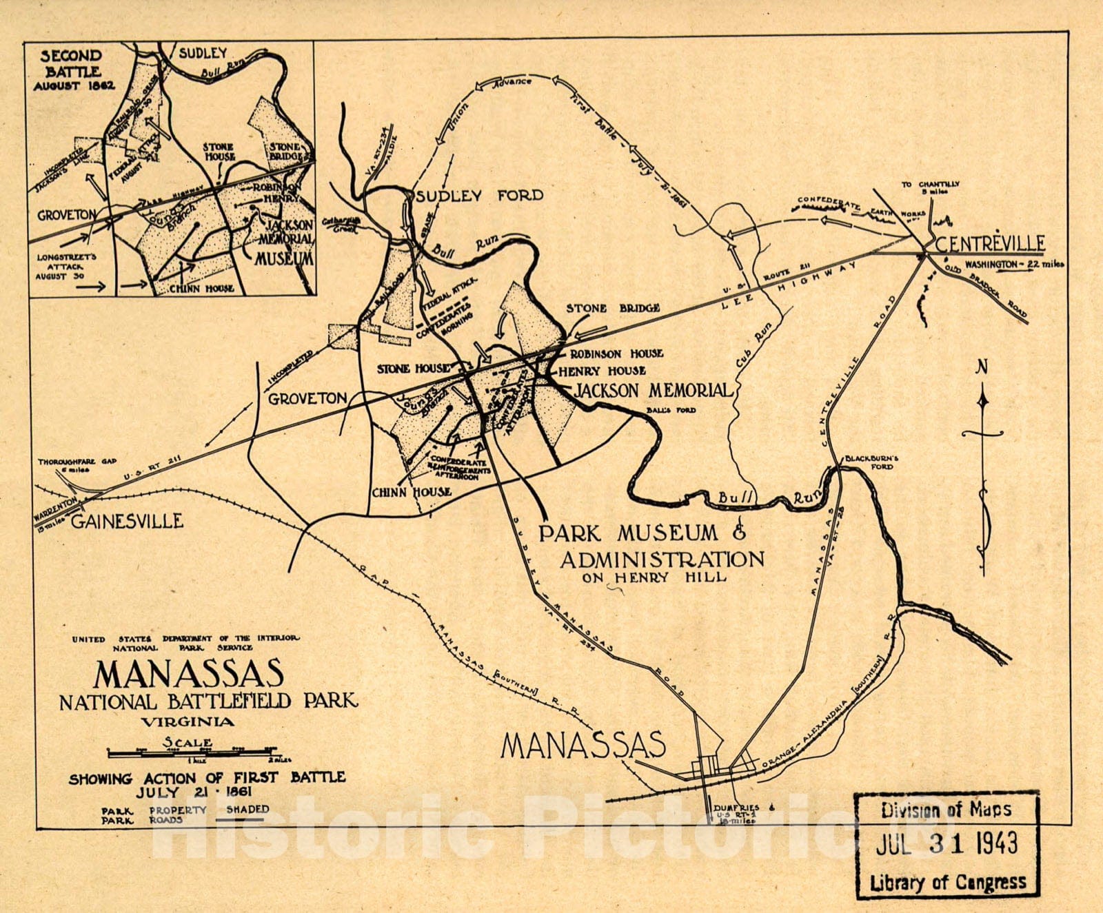 Historic 1942 Map - Manassas National Battlefield Park, Virginia. Showing Action of First Battle, July 21, 1861.