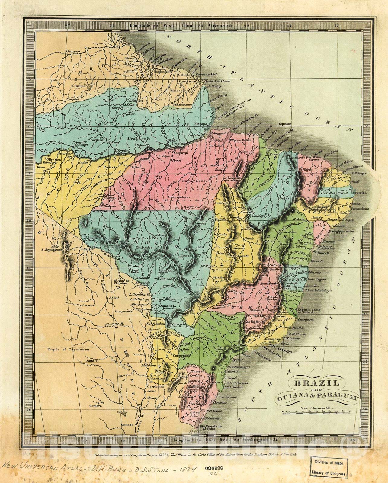 Historic 1834 Map - Brazil with Guiana & Paraguay.