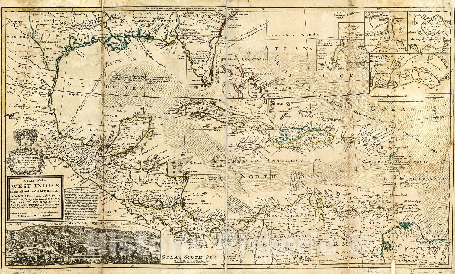 Historic 1715 Map - A map of The West-Indies or The Islands of America in The North Sea; with ye Adjacent Countries; explaning sic What Belongs to Spain, England, France, Holland